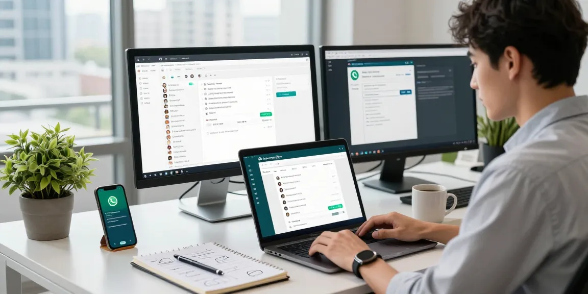 Using WhatsApp網頁版 on a laptop in a modern workspace with city view.