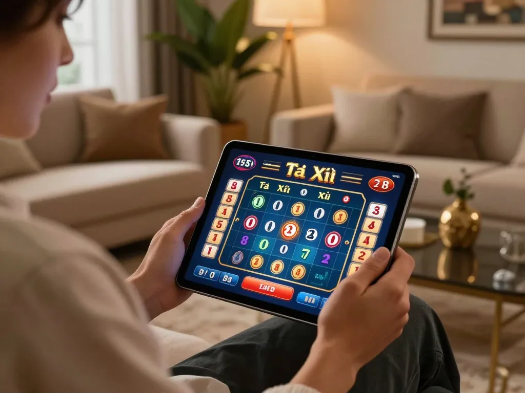 Playing Tài Xỉu online at home using taixiuonlinego app with a stylish tablet setup.