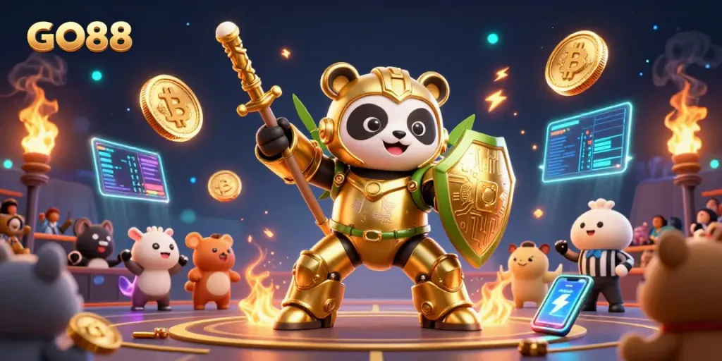 Experience exciting gameplay with GO88 as a golden panda pilot battles in a vibrant arena.