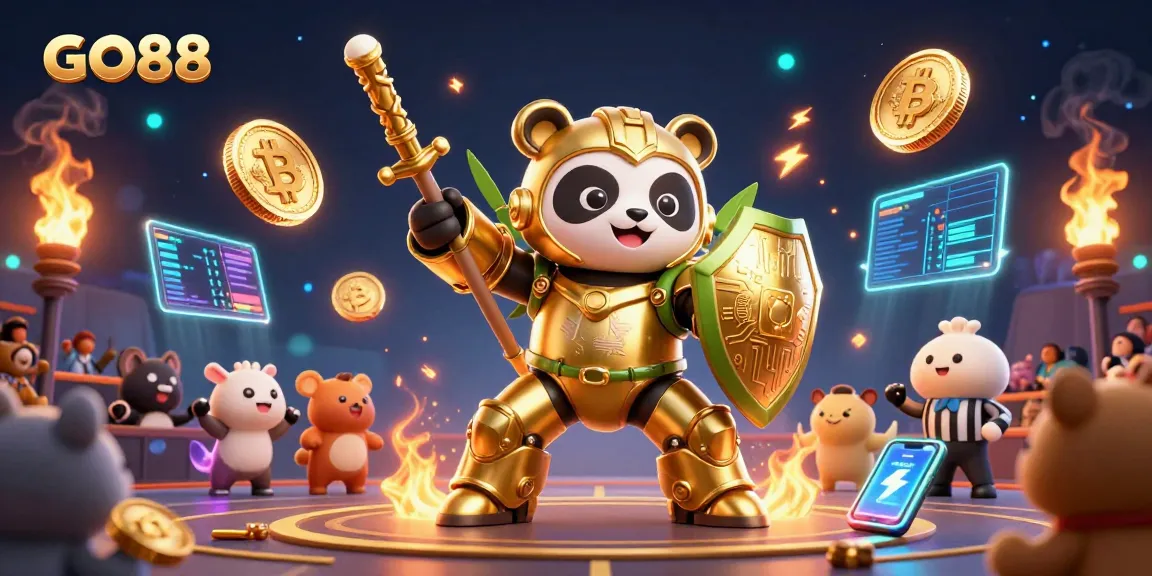 Experience exciting gameplay with GO88 as a golden panda pilot battles in a vibrant arena.