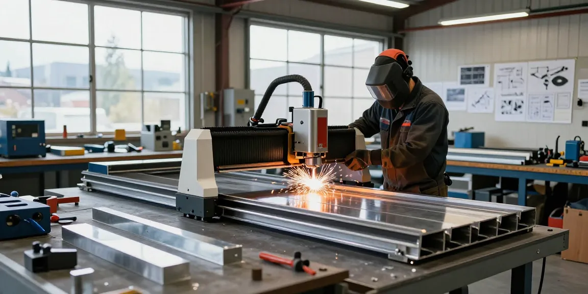 Custom metalwork north vancouver workshop with skilled worker using CNC cutter amidst various metal materials.