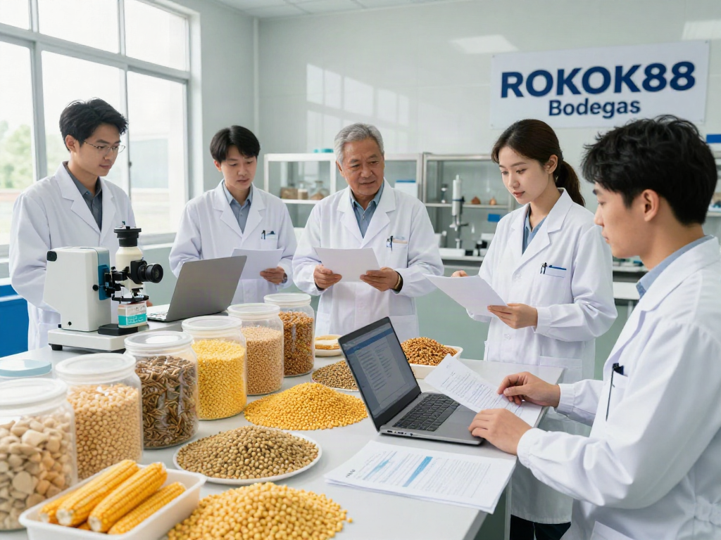 Nutritionists inspecting quality feed ingredients at ROKOK88 Bodegas, showcasing rokok88 super standards.