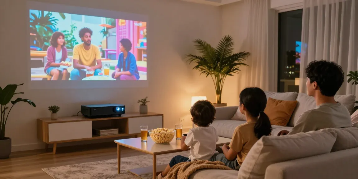 Proiector LED utilizat într-un living modern pentru o seară de film în familie, atmosfera caldă și primitoare.