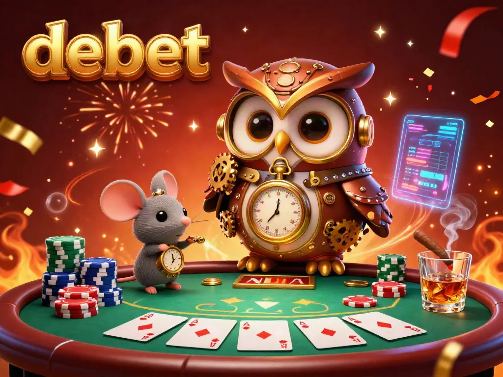 Experience debet's thrilling casino adventure with a dynamic illustration showcasing poker action and celebration.
