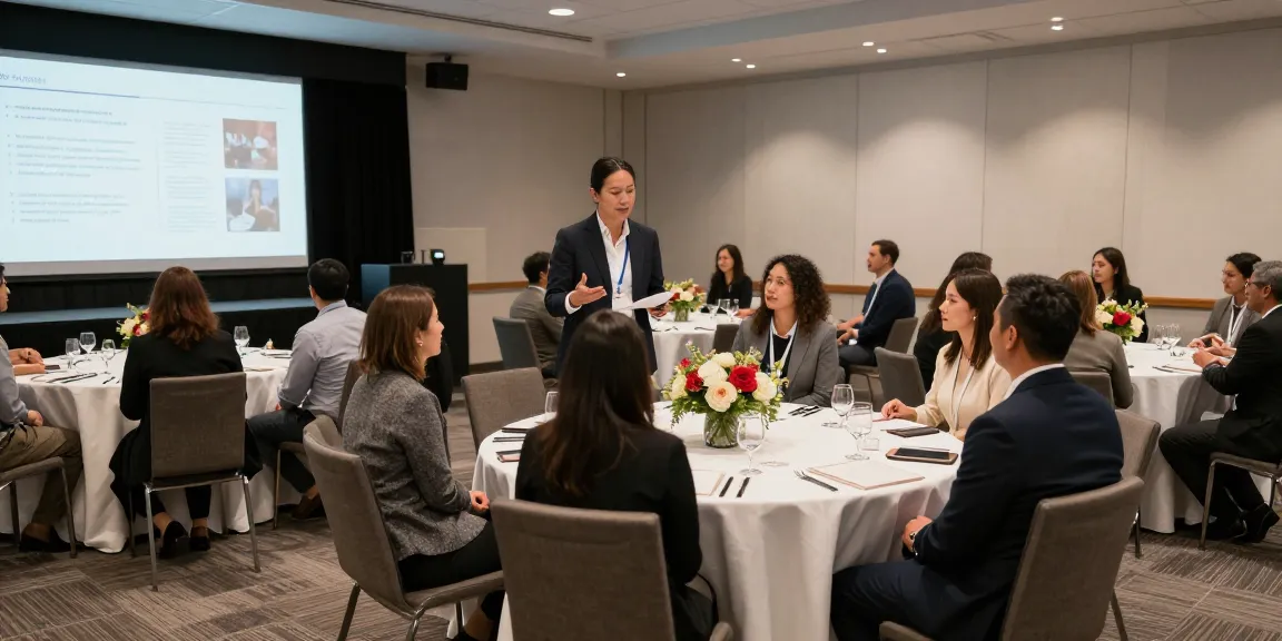Corporate event planning Mississauga with planners collaborating in an elegant banquet hall setting