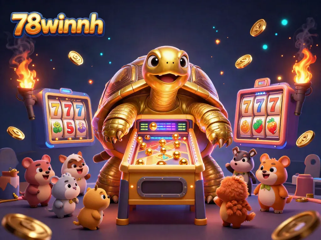 Win big at 78winnh with a vibrant slot game featuring a golden tortoise pinball machine surrounded by cheering animals.