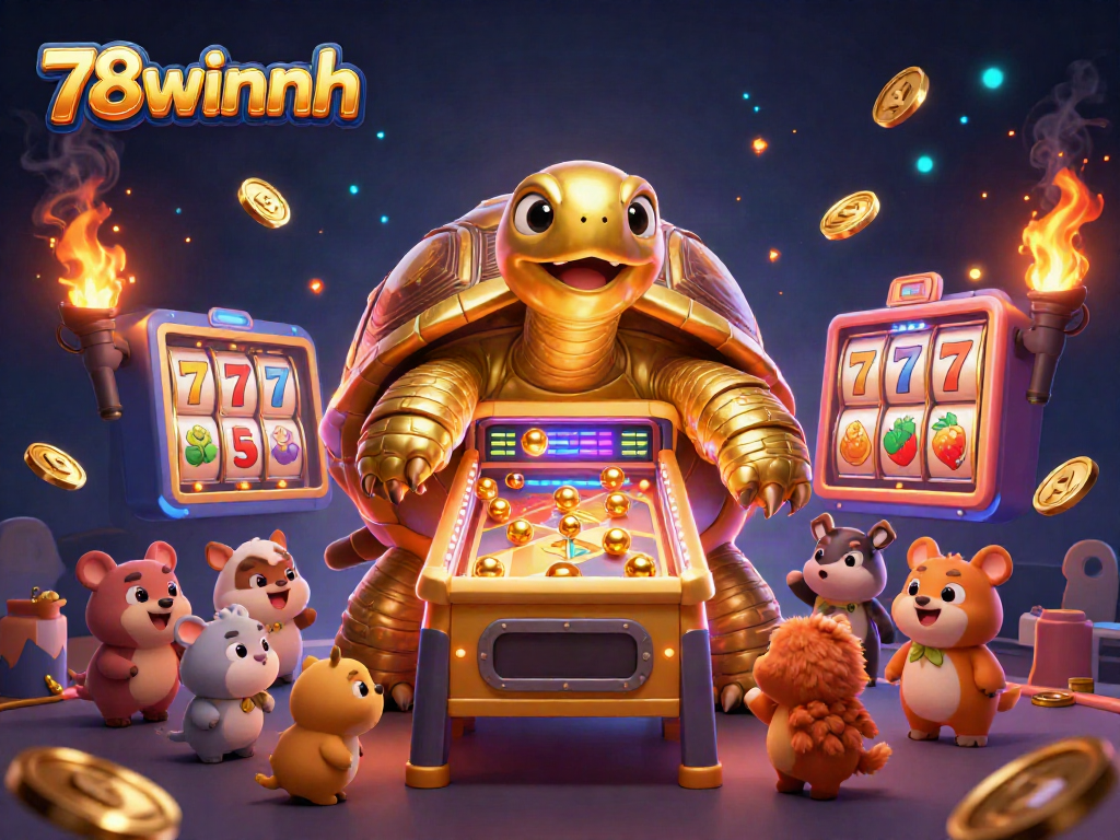 Win big at 78winnh with a vibrant slot game featuring a golden tortoise pinball machine surrounded by cheering animals.
