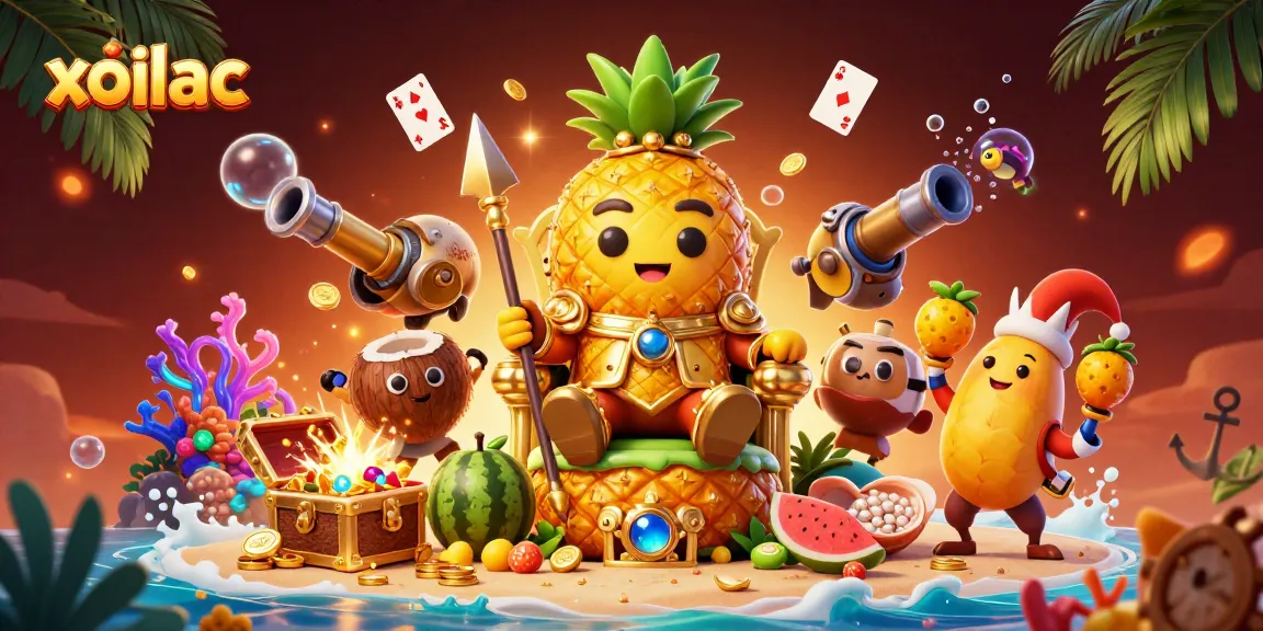 Xoilac brings a lively beach casino scene featuring a golden pineapple king, surrounded by vibrant treasures and beach elements.