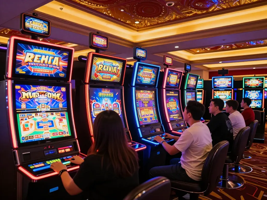 Players engaging with vibrant slot machines at 888bgo casino, creating an exciting atmosphere.