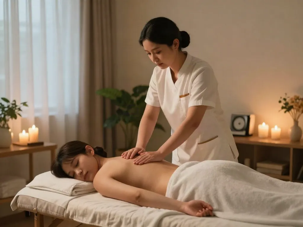 Soothing 오산출장안마 scene with a massage therapist providing relaxation to a client in a tranquil home setting.
