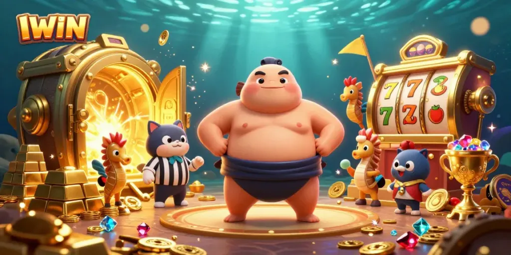 Experience exciting IWIN gameplay with a vibrant undersea casino scene featuring 3D characters and treasures.
