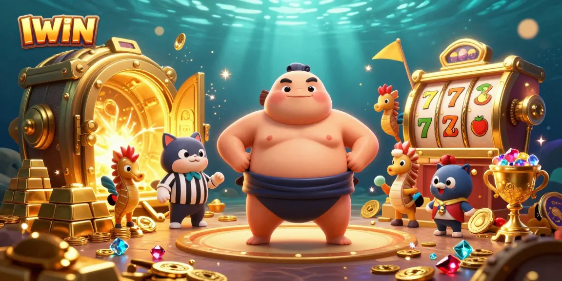 Experience exciting IWIN gameplay with a vibrant undersea casino scene featuring 3D characters and treasures.