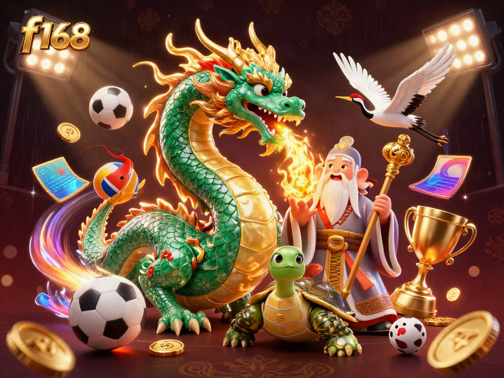 Experience the f168 excitement with a fantastical illustration of a jade dragon and turtle sage