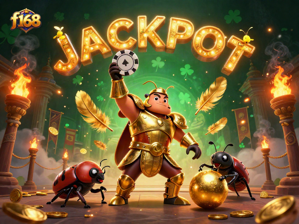 Experience exciting f168 gameplay as a victorious beetle celebrates a jackpot win in a vibrant casino