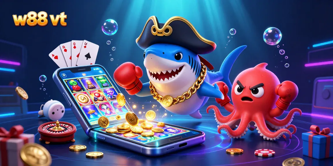 Các nhân vật W88 VT đang tận hưởng niềm vui chơi game với slot và vàng tràn ngập xung quanh.