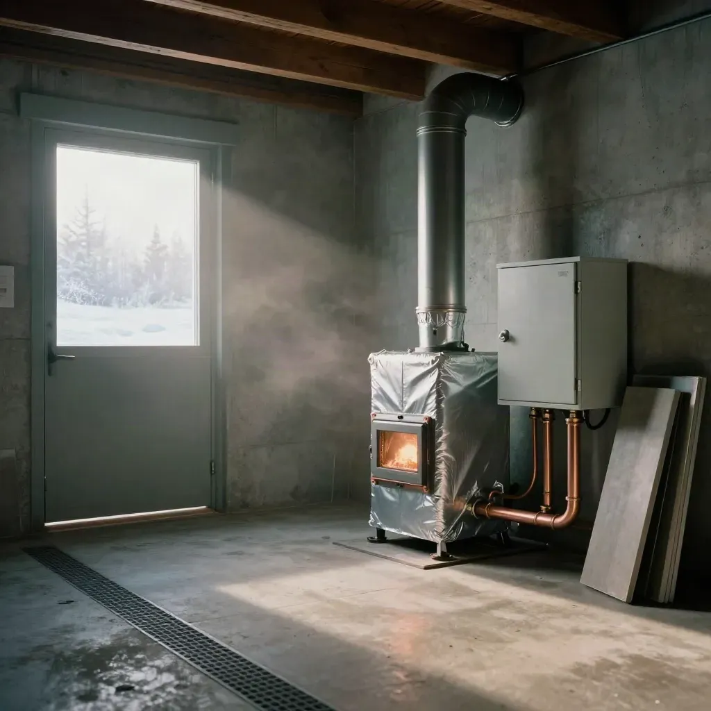Basement furnace installation glowing at dawn beside ducts, flue pipe, and frosted window haze.