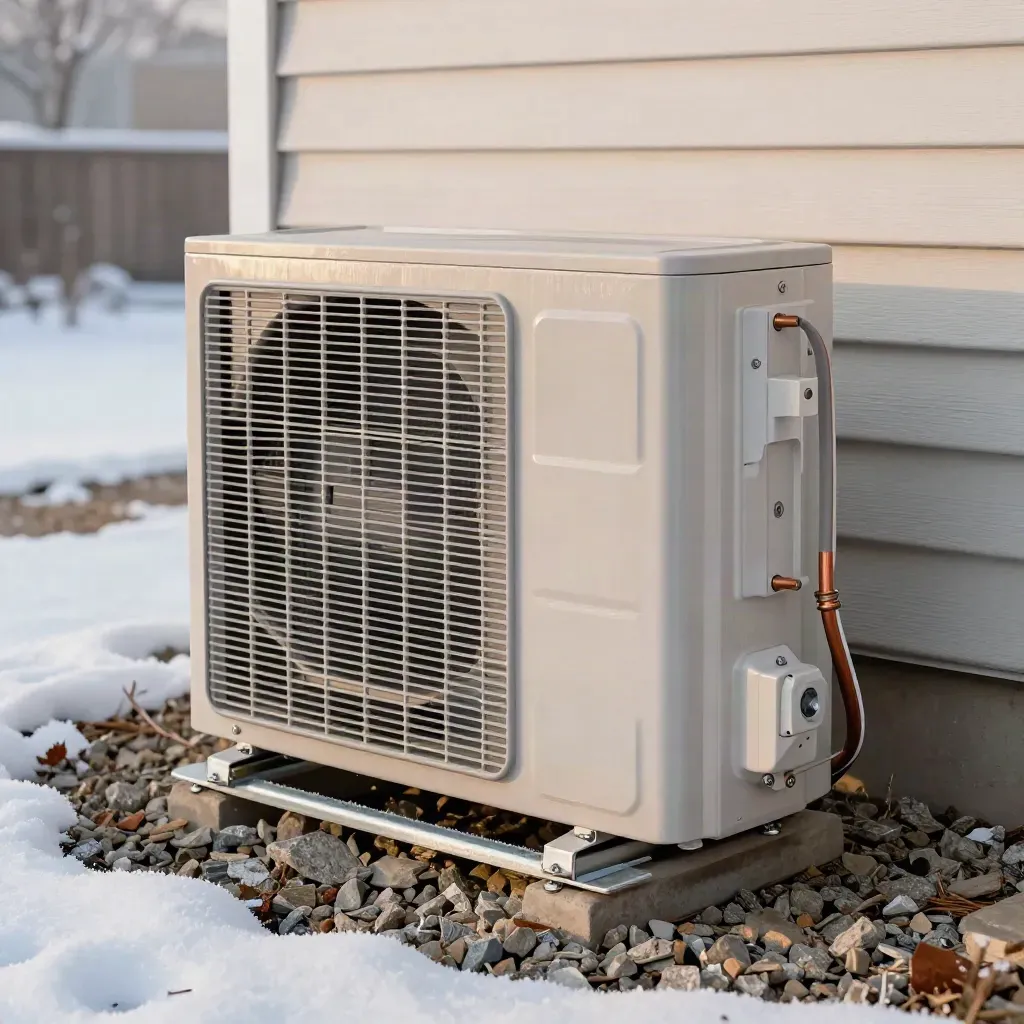 Heat pump outdoor unit on gravel pad with insulated line set beside bright siding