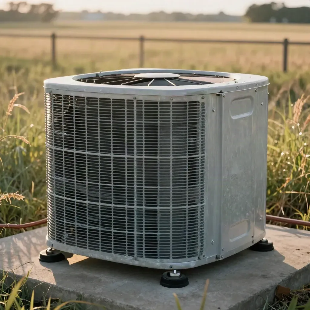 Restored outdoor AC condenser humming on a concrete pad in warm prairie light.