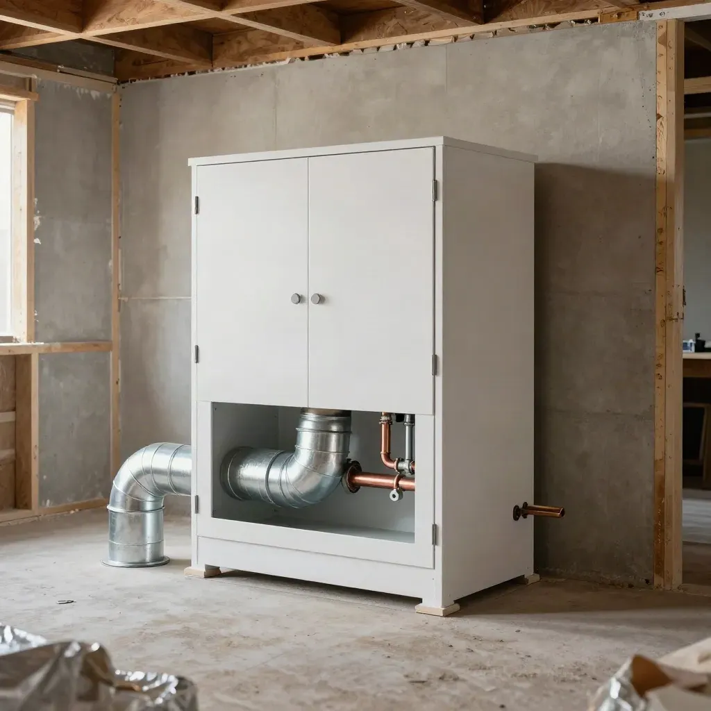 Finished furnace install in a bright basement with flue, ducts, and condensate drain.