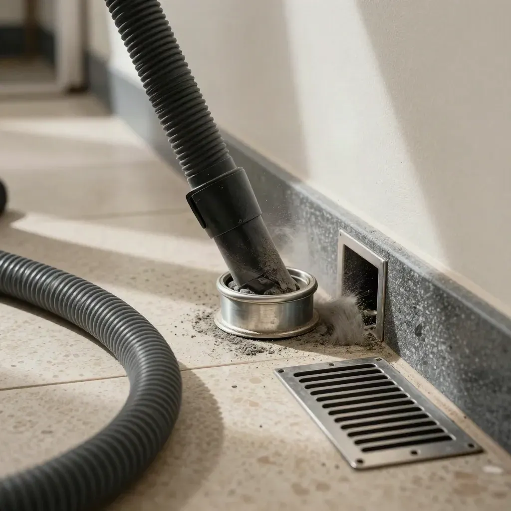 Vacuum hose clearing a floor vent, dust drifting beside a removed grille in a hallway.