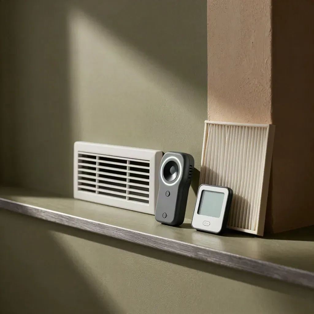 Air-quality meter, hygrometer, vent, and fresh filter on a warm wall ledge.