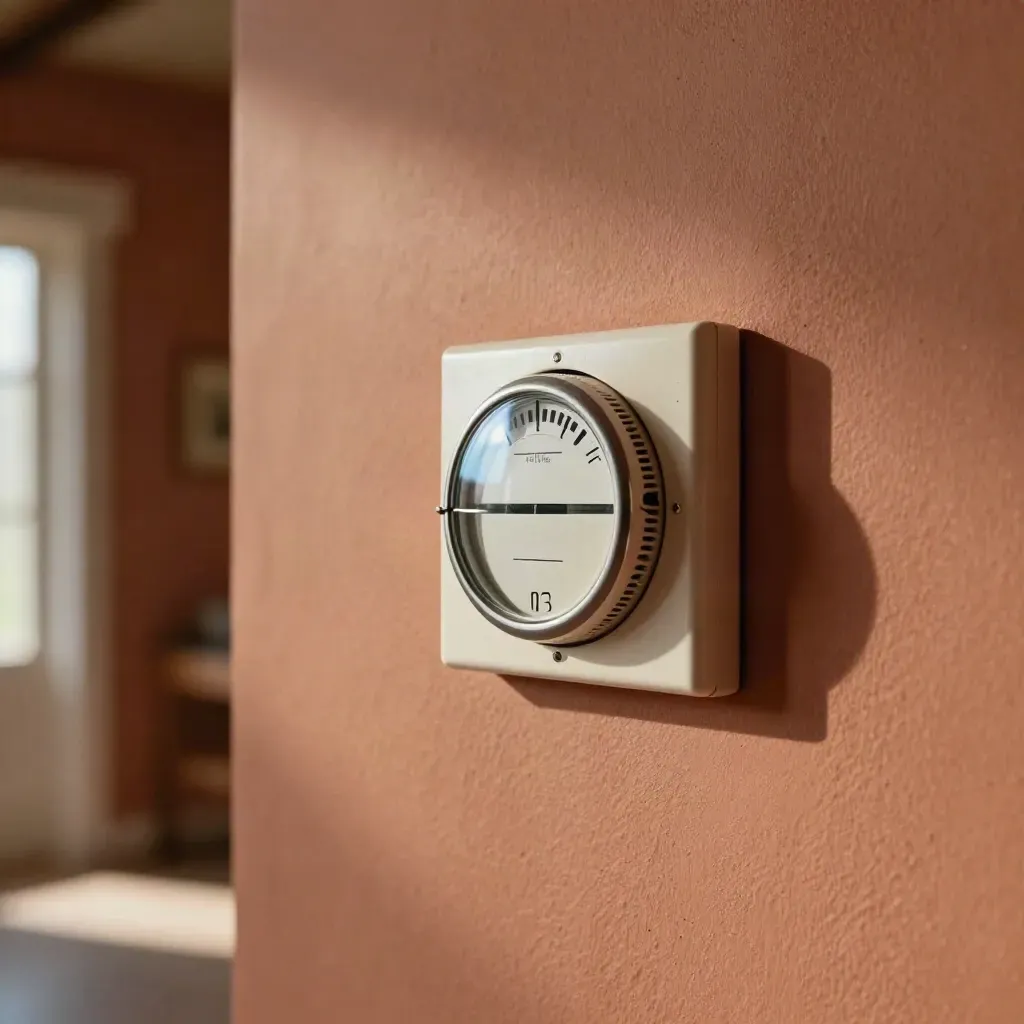 Square thermostat upgrade on a sunlit wall with old dial, wire coil, and soft drywall dust.