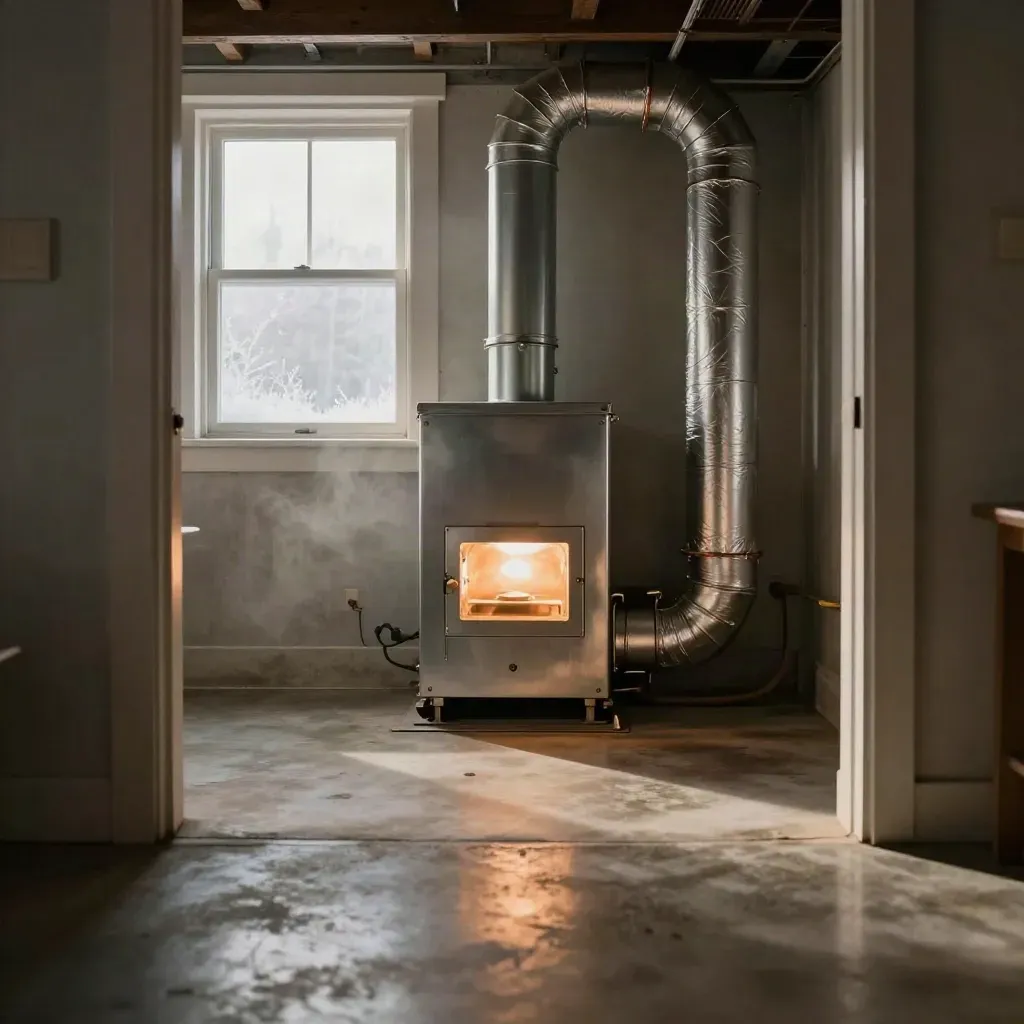 Neat Regina basement furnace installation glowing softly beside sealed ducts and a frosted window.