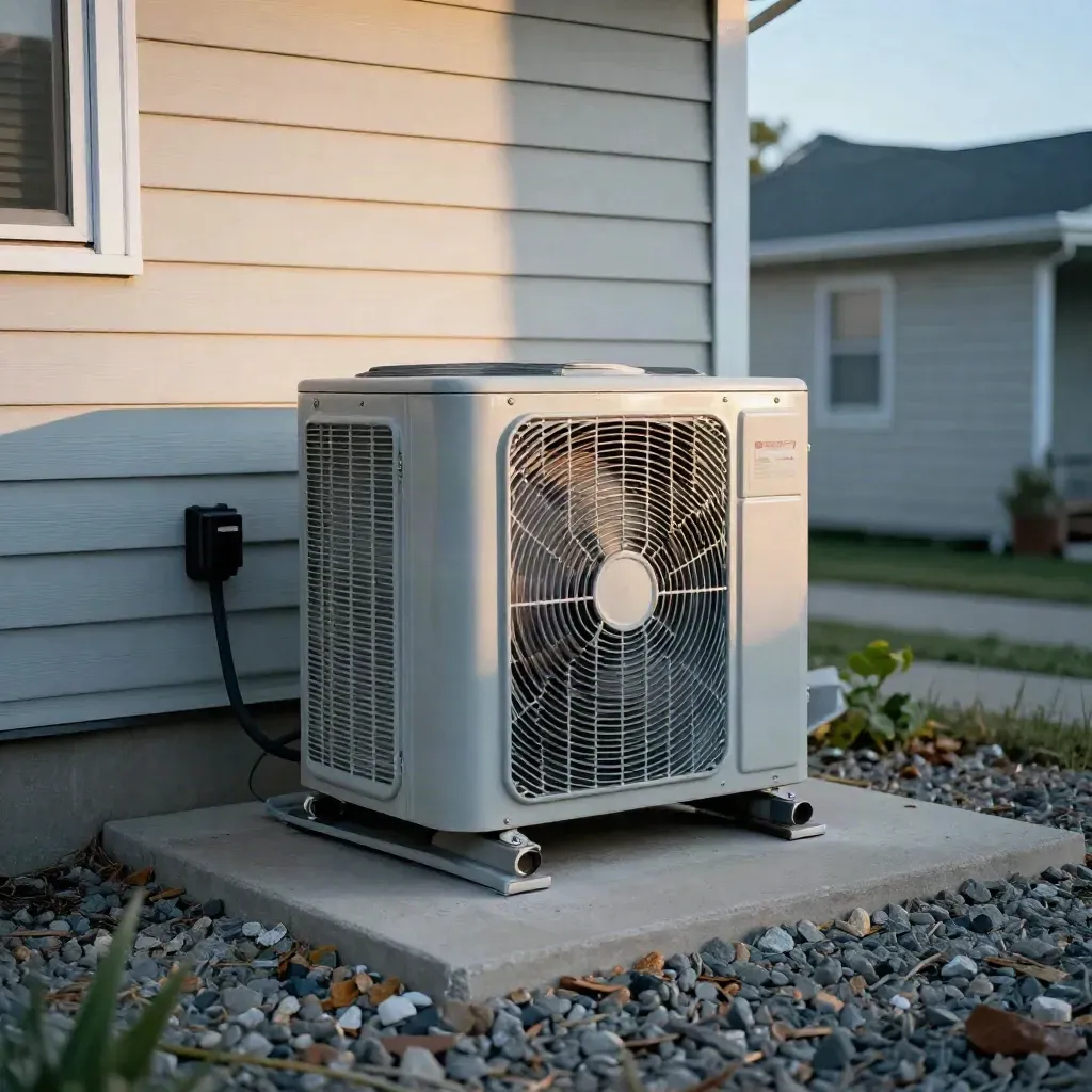 AC condenser cleaned and running beside a Saskatoon foundation in warm summer light.
