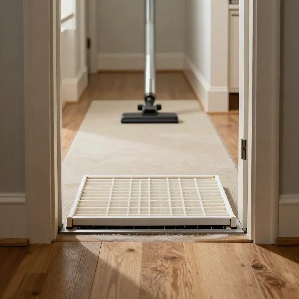 Clean return grille and pleated filter in a Winnipeg bungalow hallway, dust fading after duct cleaning.