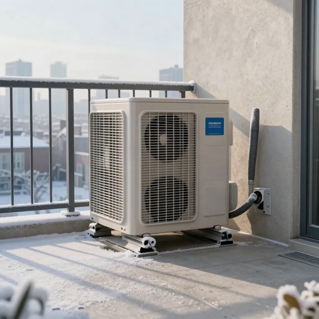 Compact heat pump on an Edmonton condo balcony, ready for winter use.