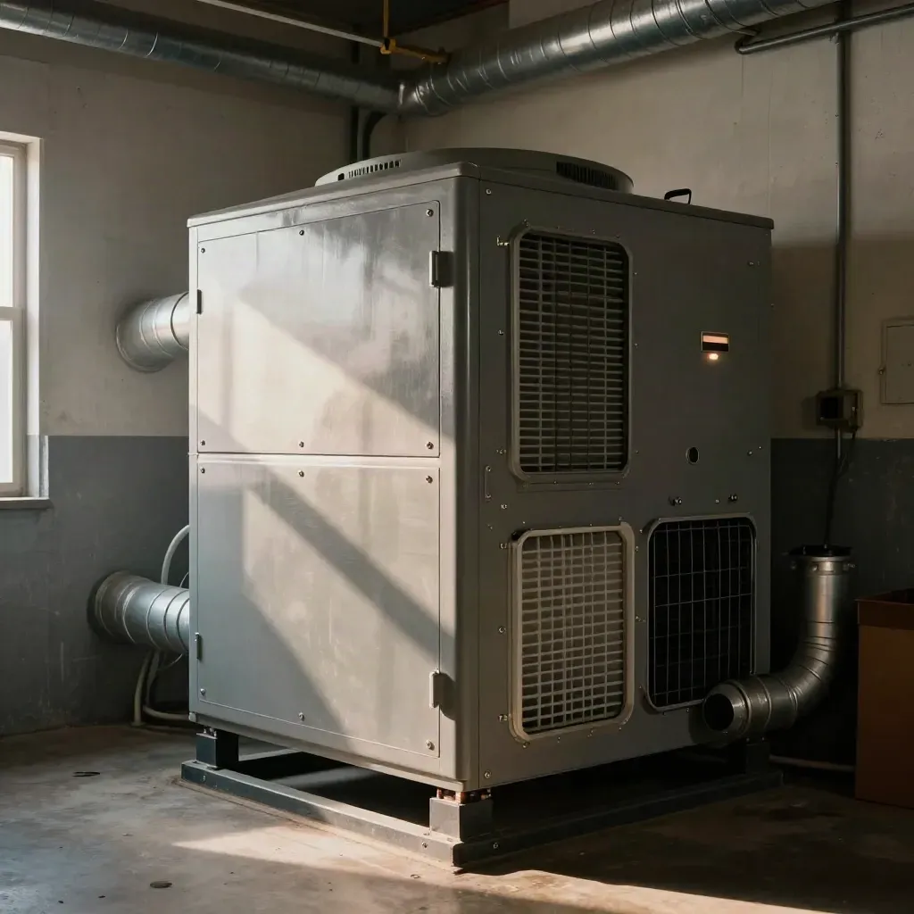 Commercial air handler in a Brandon service room, filters fresh and panels sealed.