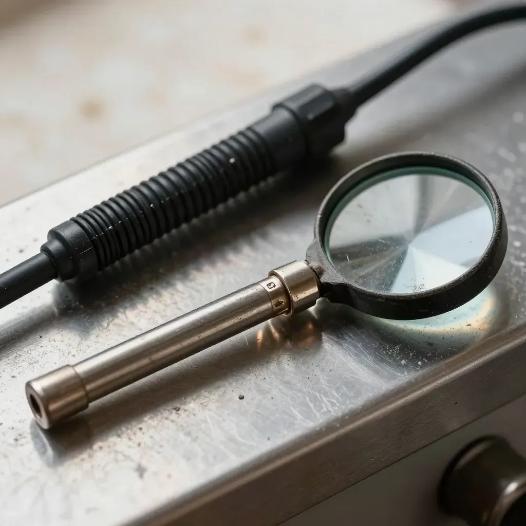 Combustion analyzer probe, flue gas lead, and soot-darkened inspection mirror on a steel bench.