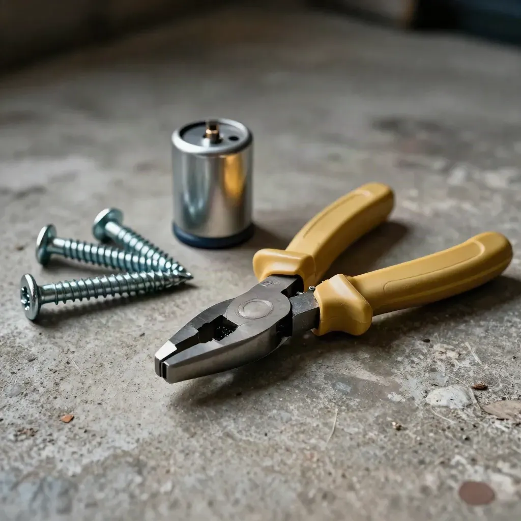 Pliers, crimp connectors, capacitor, and screws on concrete in a dramatic HVAC repair still life.