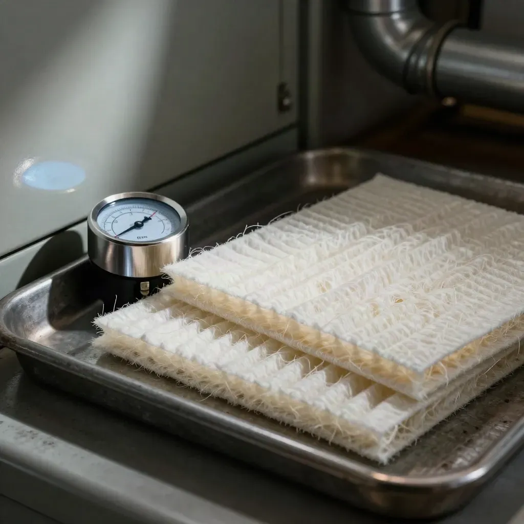 HEPA filter media, hygrometer, and humidifier pad in a clean HVAC air-quality close-up.