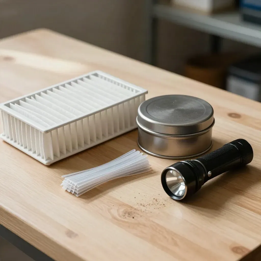 Top-down HVAC maintenance kit with filter, tablets tin, zip ties and flashlight on pale butcher block.