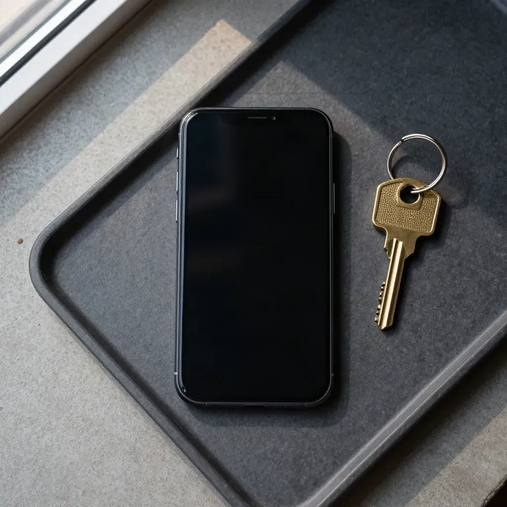 Overhead flatlay of a phone, brass key, and key ring on a graphite tray over concrete.