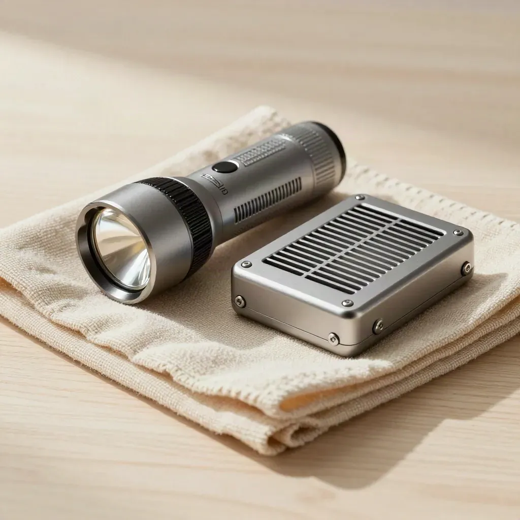 Inspection flashlight, hygrometer and vent grille corner on pale oak with soft daylight.