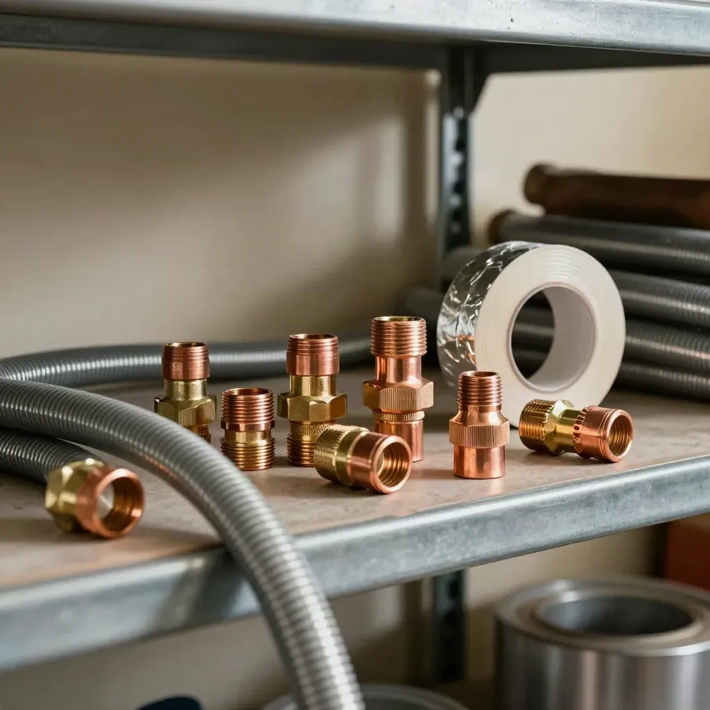 HVAC fittings, foil tape, hose, and metal shelf in a clean utility room still life.