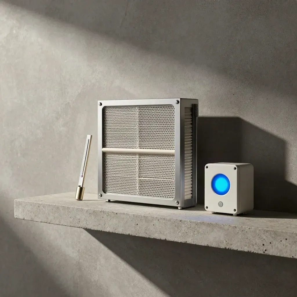 Top-down HVAC still life with vent grille, filter, thermometer, and control module on stone.