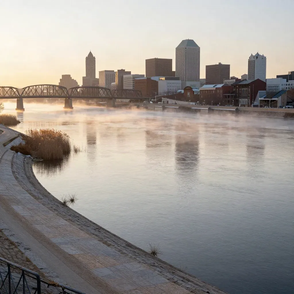 Foggy sunrise over The Forks riverfront and Red River with skyline and bridge high in frame.