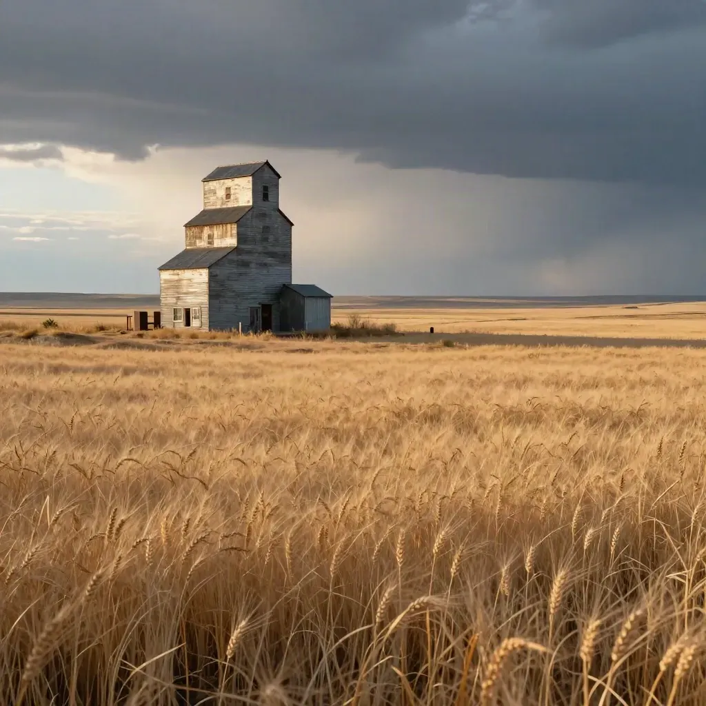 Lone grain elevator on the Regina prairie under a breaking storm at golden hour.