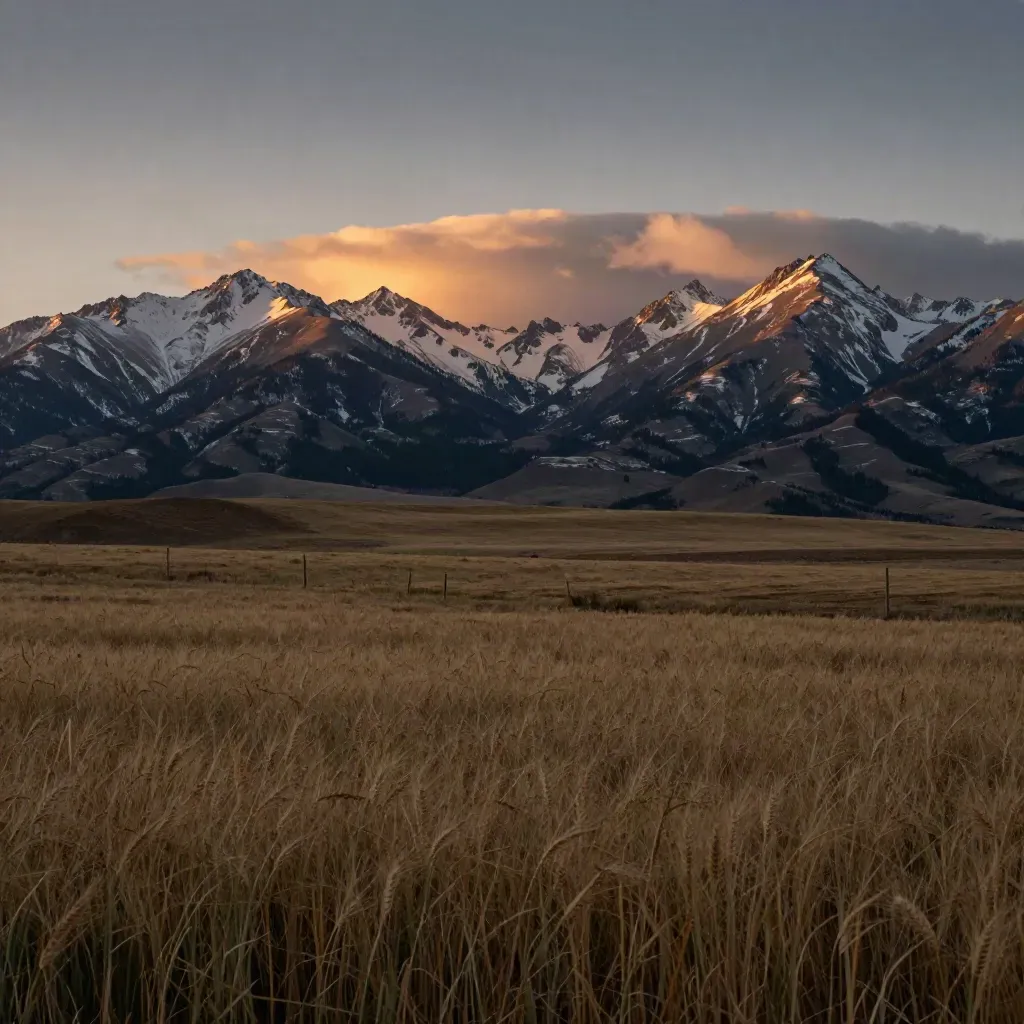 Golden-hour Rockies above a wheat field near Calgary