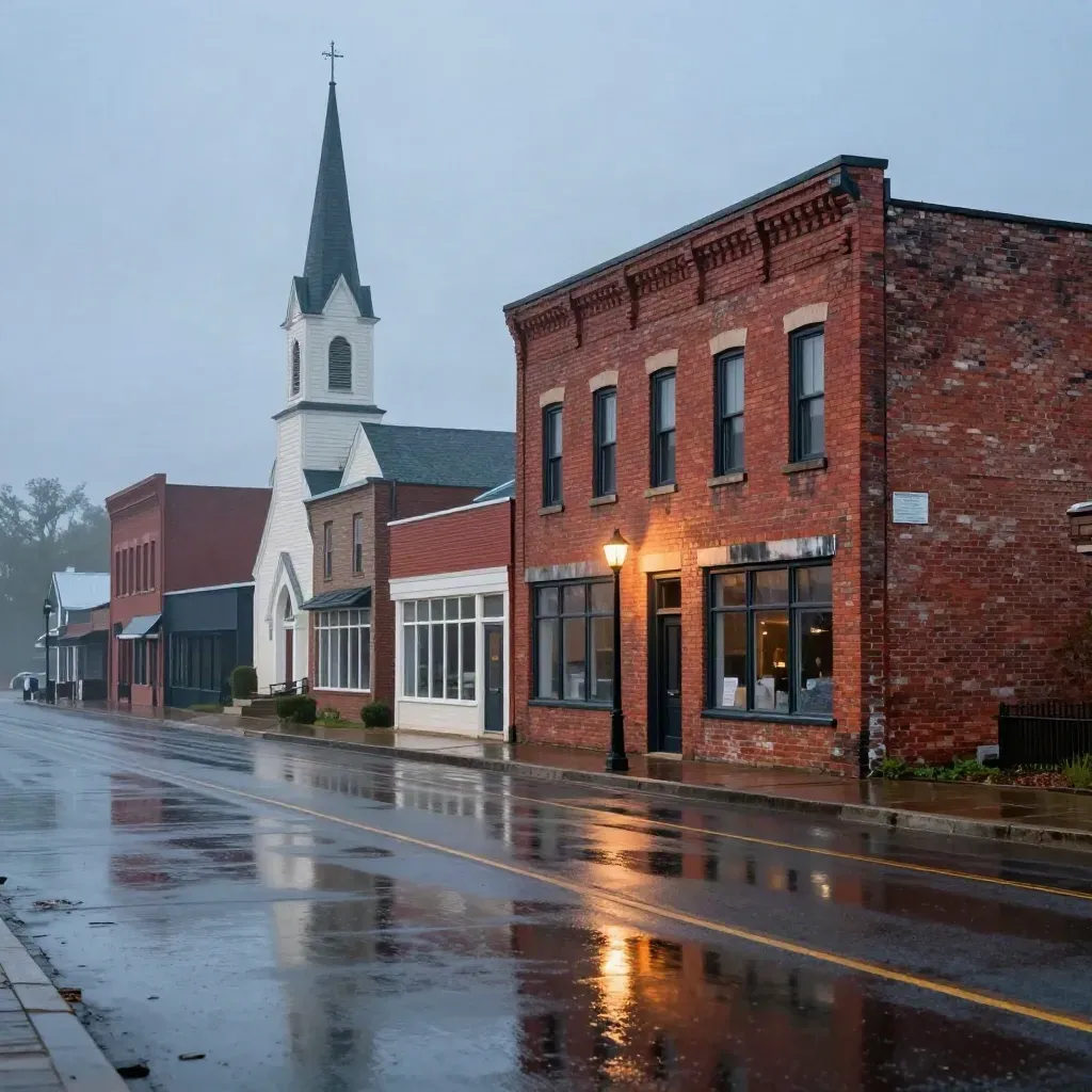 Blue-hour prairie town main street after rain, red brick buildings and a church spire above a wet road.