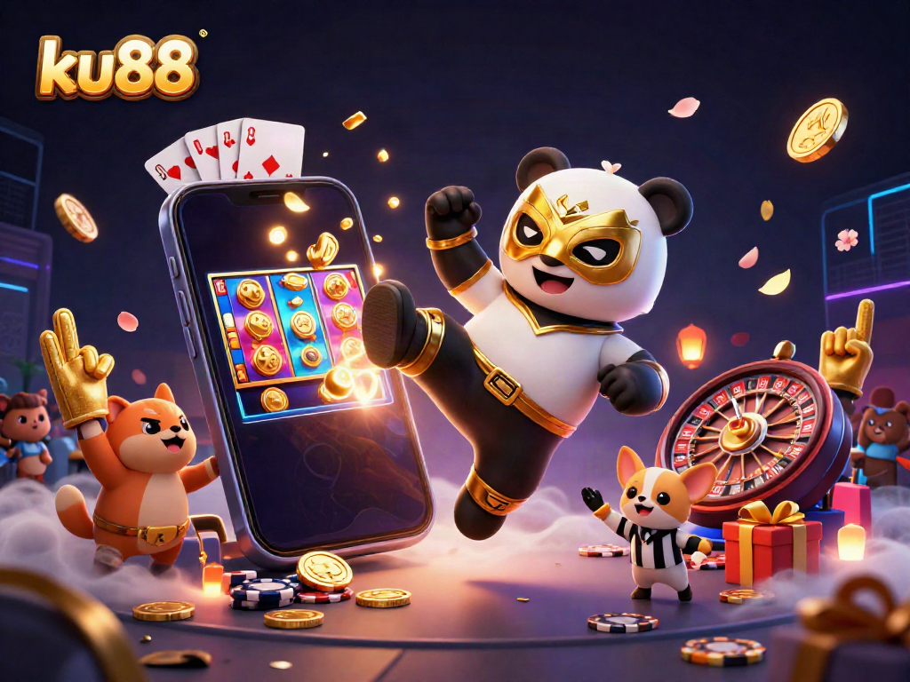 ku88's exciting gaming atmosphere features a panda wrestler and animal spectators celebrating with golden tokens and slot games.