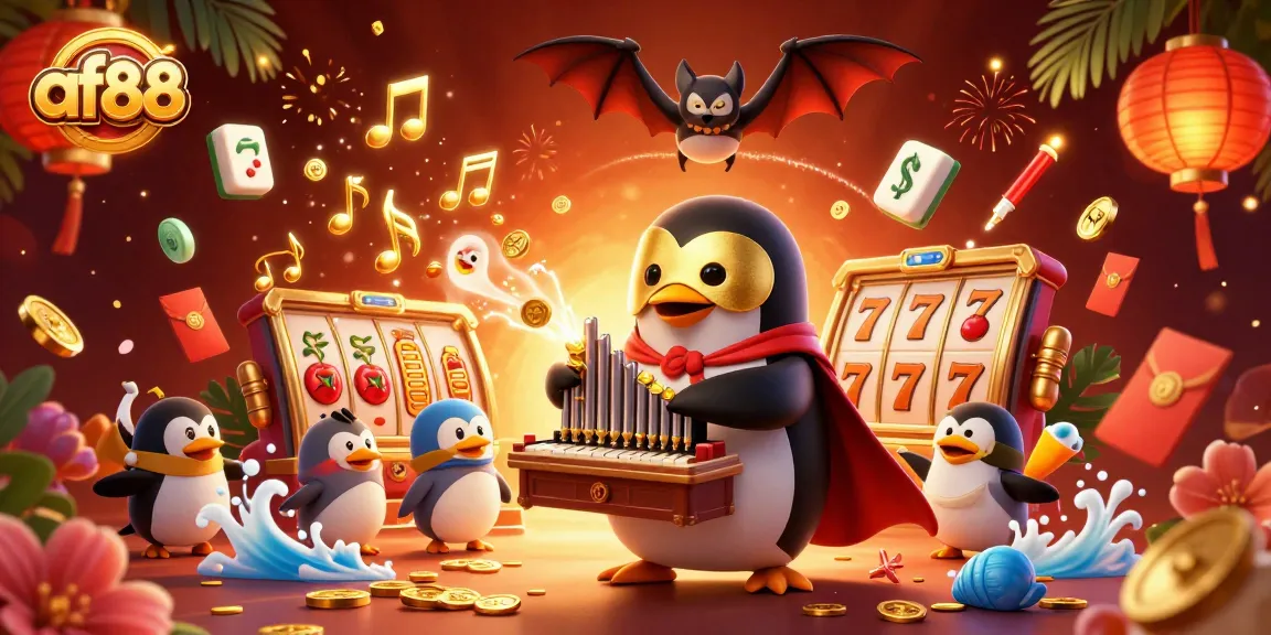 Experience fun with af88 as a fun-loving penguin showcases exciting slot reels and golden notes.