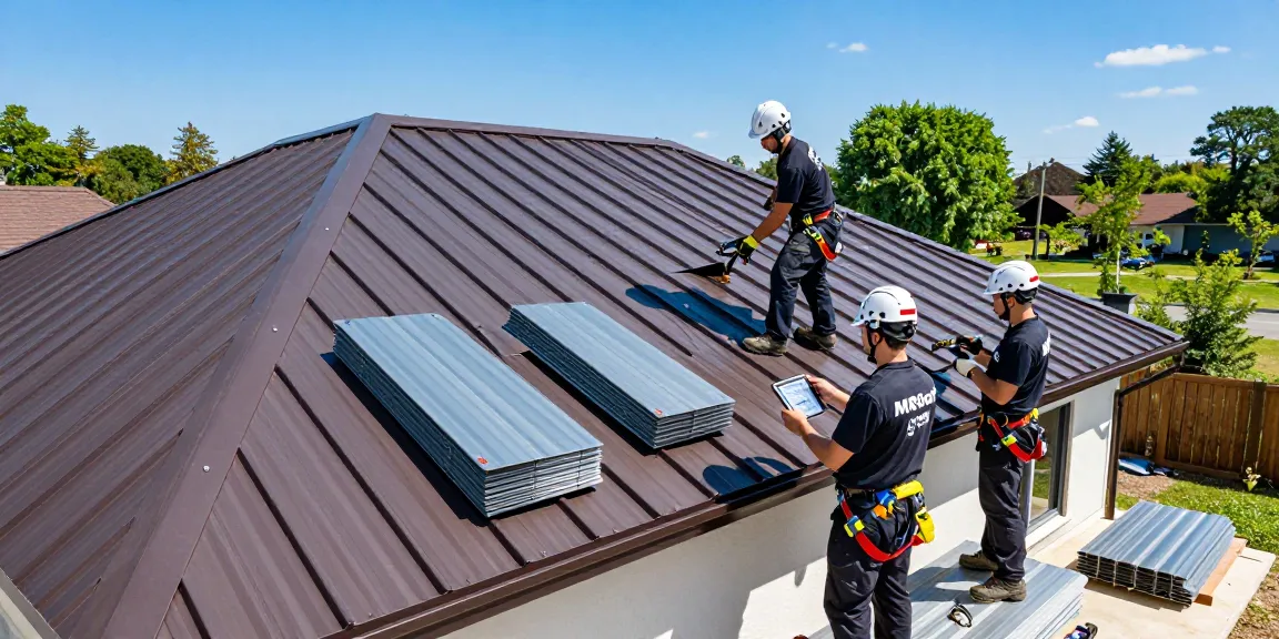 MRoof installation team working on a stylish metal roof, demonstrating quality craftsmanship.
