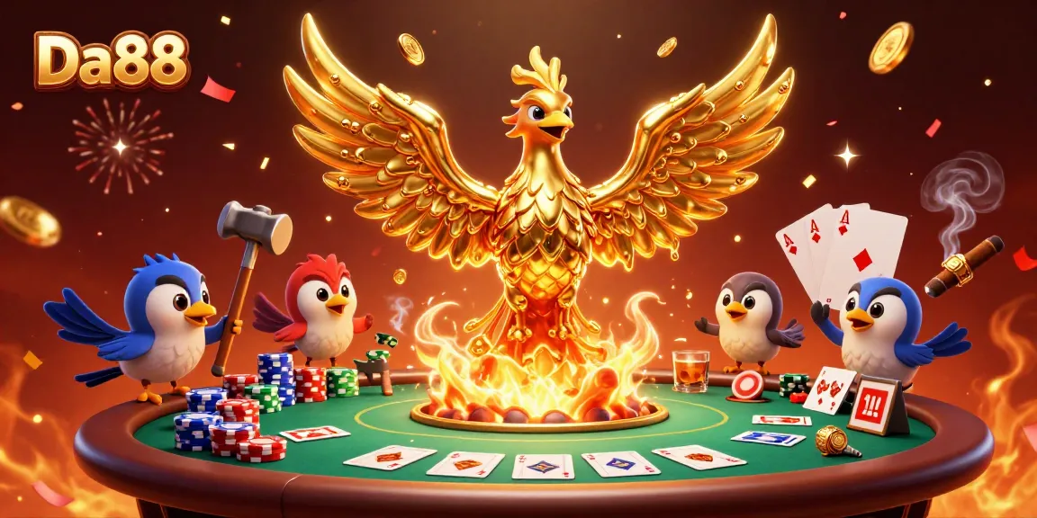 Engage with thrilling gameplay at Da88, featuring a golden phoenix and poker action in a vibrant casino setting.