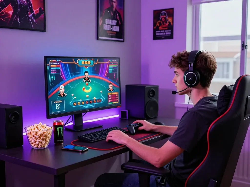 MM88 online gaming setup with focused player, colorful graphics, and ambient lights.