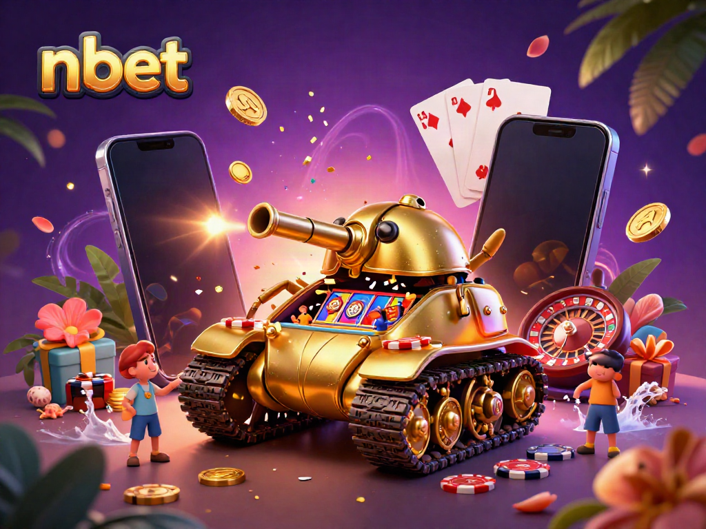 Win big with nbet in a fantasy casino scene featuring slot games and golden prizes.