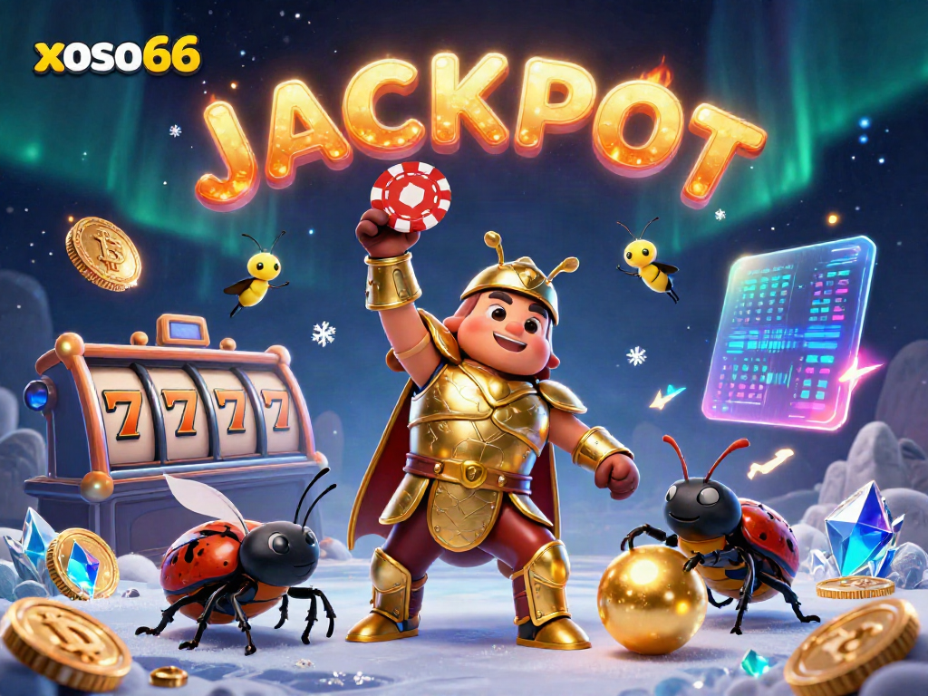 Experience the excitement at xoso66 as a heroic beetle celebrates a jackpot win amid vibrant casino elements.